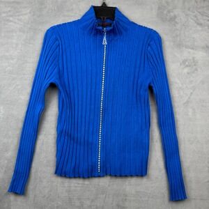 Fontana Womens Blue Ribbed Full Zip Rhinestone Embellished Mock Neck Sweater L